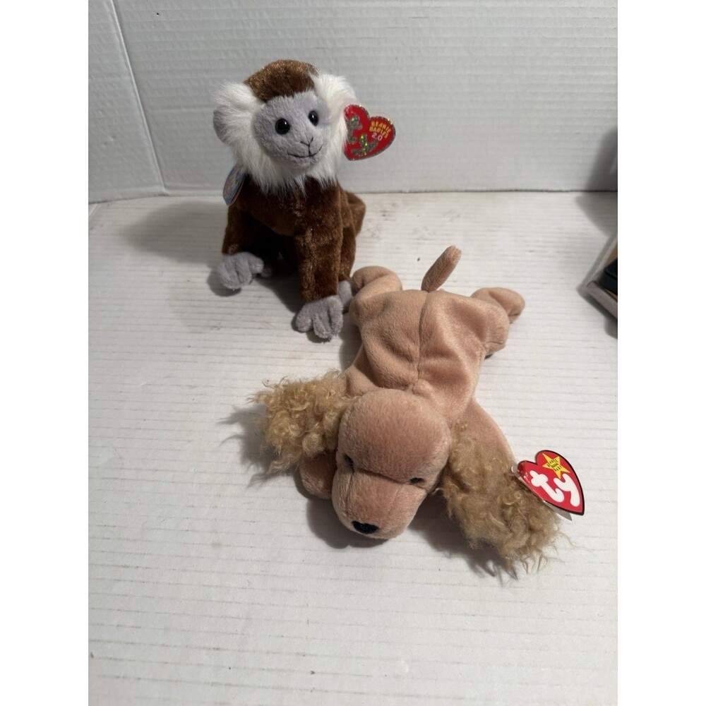 TY Beanie Baby Spunky & Jungle Monkey 2.0 Dog Older Lot Of 2 Tags Attached PLUSH